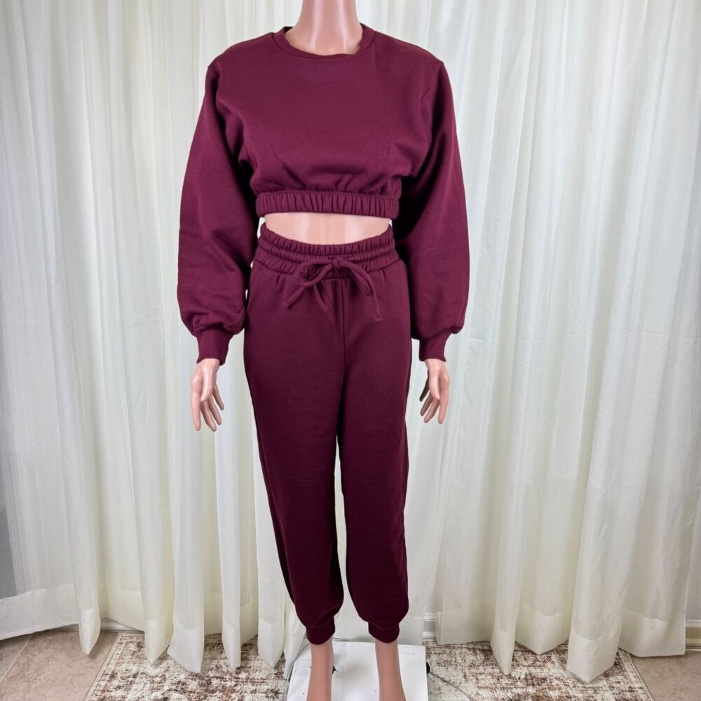 Zenana 2 Pcs Crop Sweatshirt Tracksuit High Waist Jogger Set Active Burgundy - Picture 3 of 10